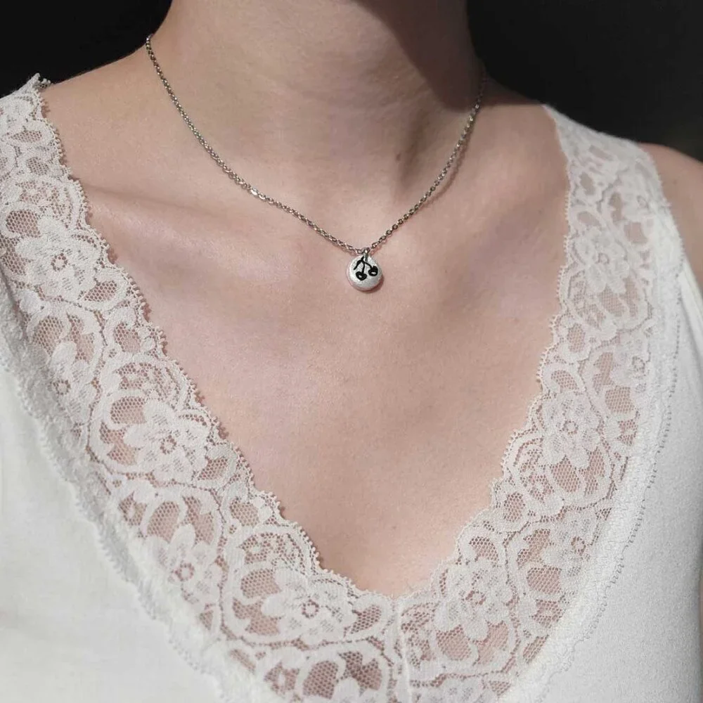 Dainty mini black cherry necklace with a small silver chain - Picture 10 of 14